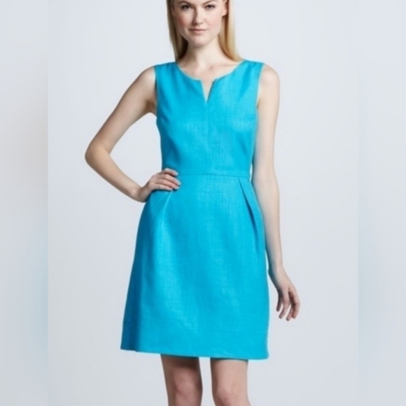 kate spade Dresses & Skirts - Kate Spade Linen Blend Blue Knee Length Dress 8 Notch Neck Pleat Waist Side Zip
